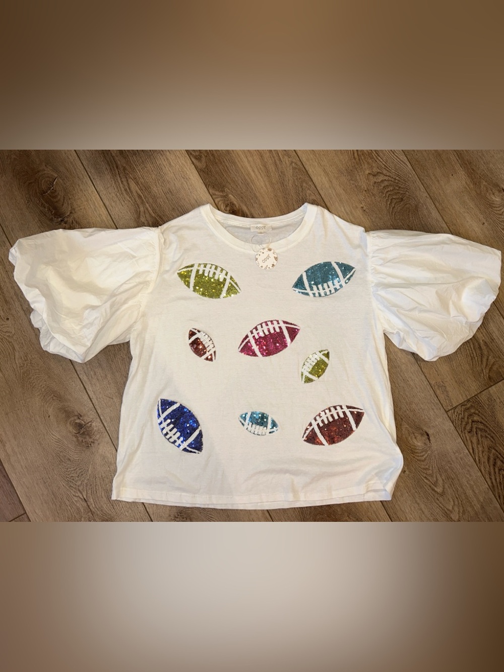 ODDY White Puff Sleeve Sequin Football Game Day Top 1XL